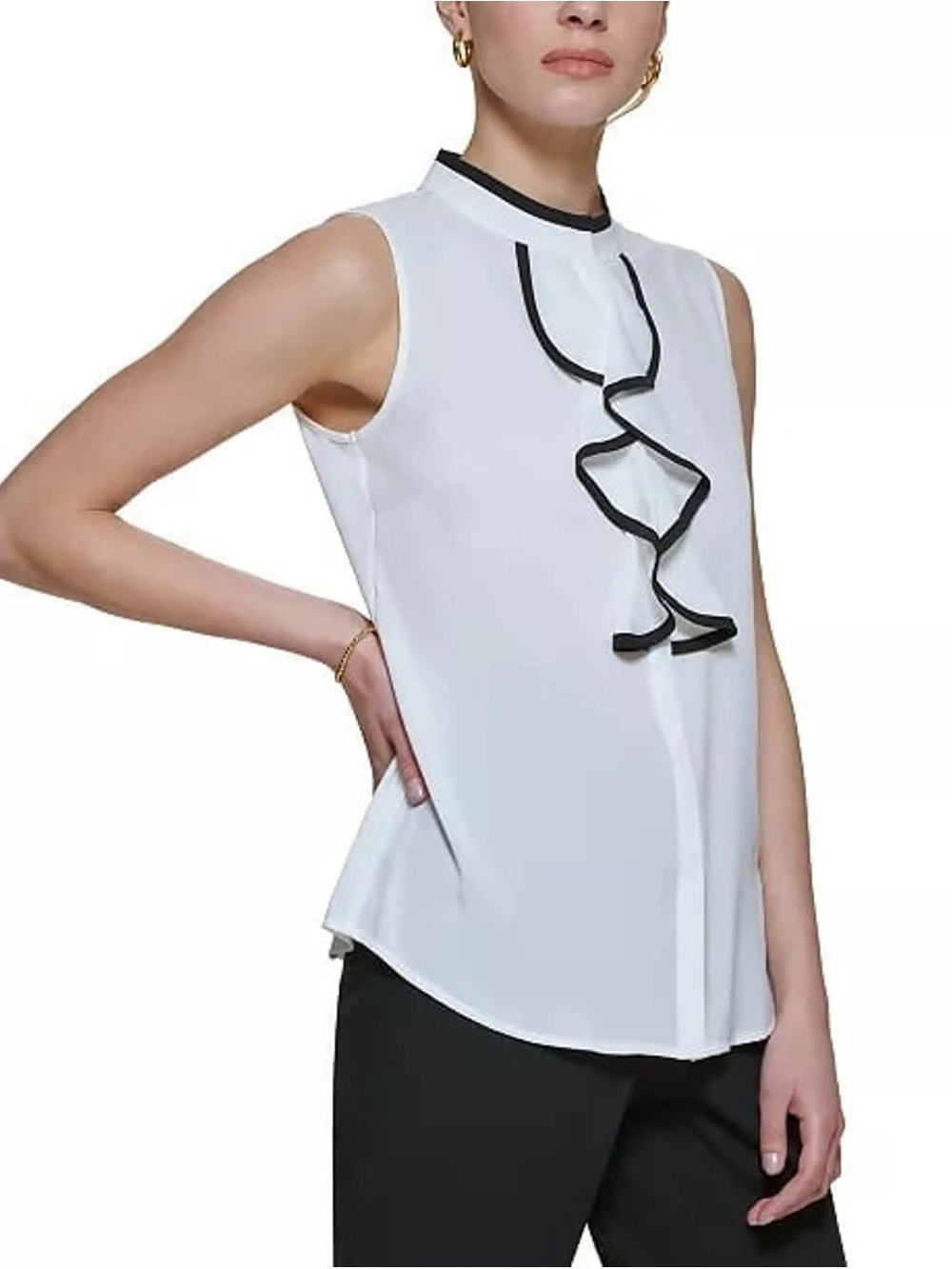 Calvin Klein White Sleeveless Sheer button down with black Trim